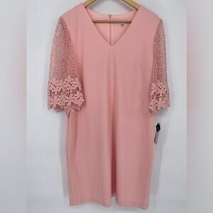 Sandra Darren Dress Classic Sheath Floral Lace Sleeves Pink 12